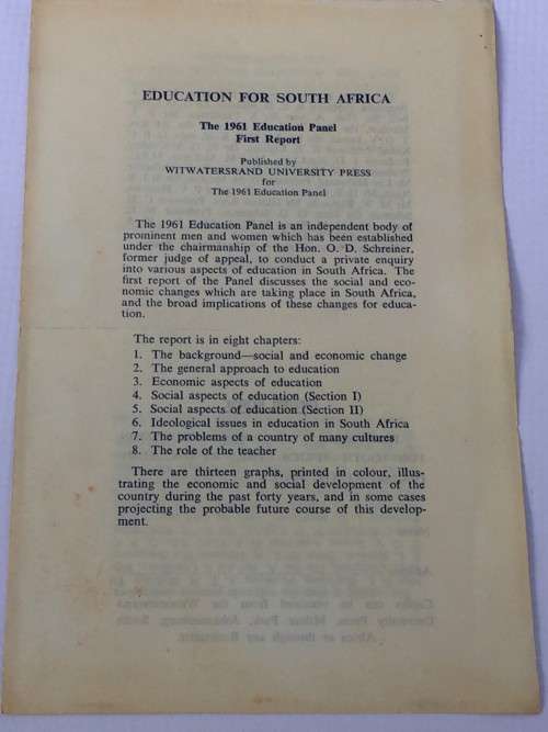Education for South Africa ~ The 1961 Education Panel First Report by Witwatersrand University Press