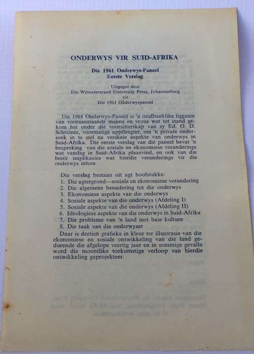 Education for South Africa ~ The 1961 Education Panel First Report by Witwatersrand University Press