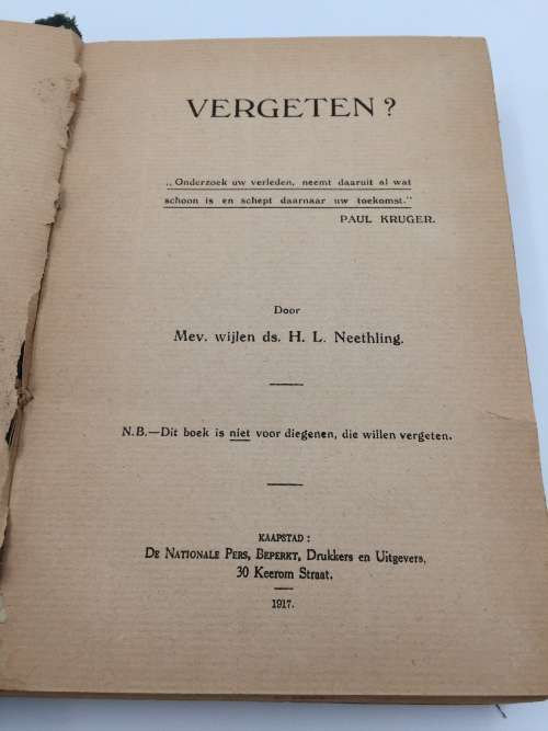 Vergeten? - Mev Wiljlen Ds H L Neethling 1917