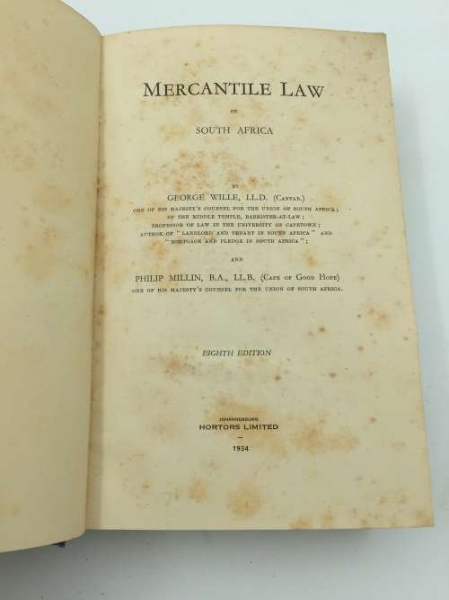Mercantile Law of South Africa - Wille and Millin Eighth Edition 1934