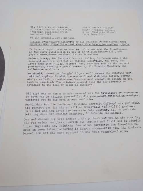 William Somerville`s Narrative of His Journeys to the Cape + letter re correct photo |VRS II 10