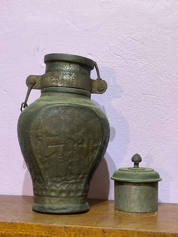 Antique 19th Century Islamic Indo Persian Tinned Copper Jar with Lid | Embossed with Kings  | 30 cm