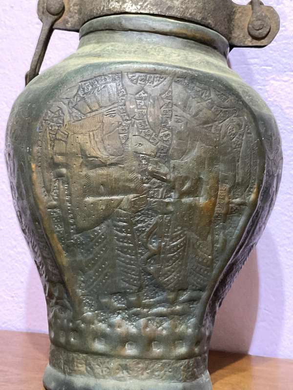 Antique 19th Century Islamic Indo Persian Tinned Copper Jar with Lid | Embossed with Kings  | 30 cm