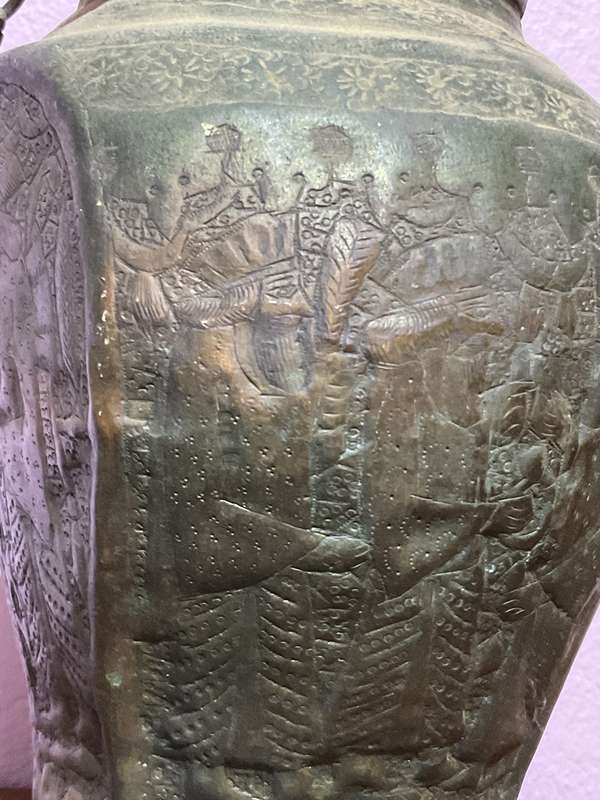 Antique 19th Century Islamic Indo Persian Tinned Copper Jar with Lid | Embossed with Kings  | 30 cm