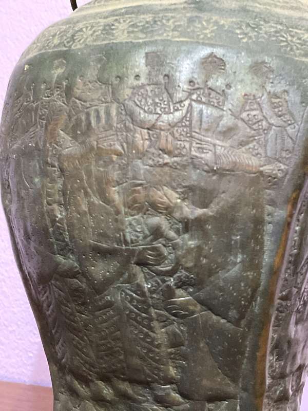 Antique 19th Century Islamic Indo Persian Tinned Copper Jar with Lid | Embossed with Kings  | 30 cm