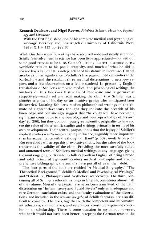 Friedrich Schiller: Medicine, Psychology and Literature - Kenneth Dewhurst and Nigel Reeves