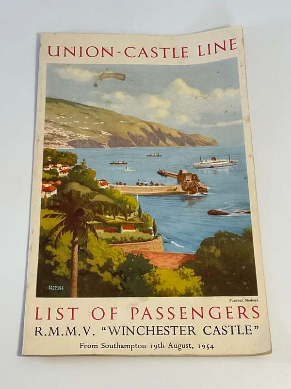 Union- Castle Line - List of Passengers RMMV Winchester Castle from Southampton 19th August 1954