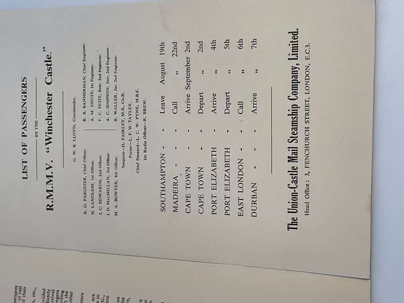 Union- Castle Line - List of Passengers RMMV Winchester Castle from Southampton 19th August 1954