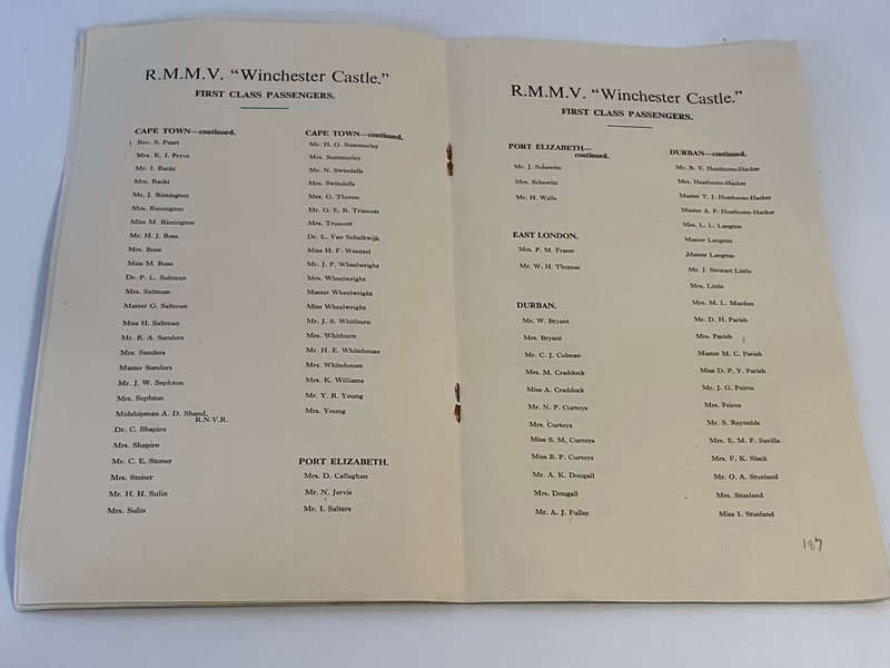 Union- Castle Line - List of Passengers RMMV Winchester Castle from Southampton 19th August 1954