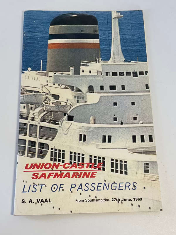 Union Castle SAFMARINE S.A. Vaal List of Passengers From Southampton 27 June 1969