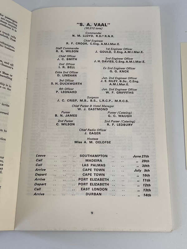 Union Castle SAFMARINE S.A. Vaal List of Passengers From Southampton 27 June 1969