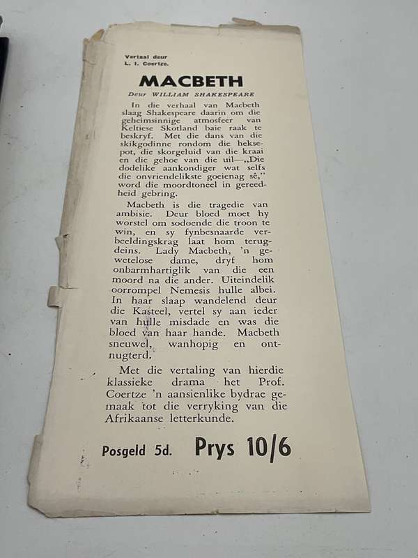 MACBETH deur William Shakespeare Vertaling: L.I. Coertze Eerste uitgawe 1948