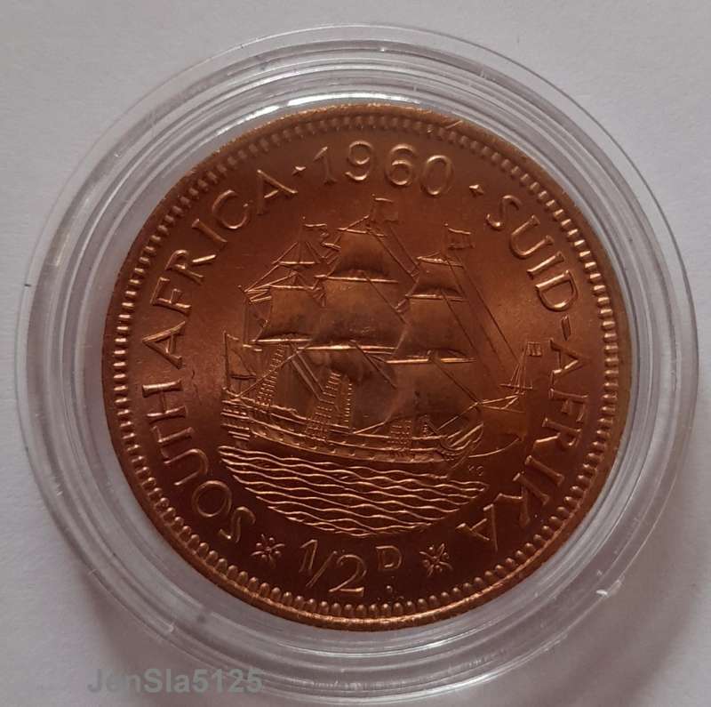 South African UNCIRCULATED 1960 1/2 D IN COIN CAPSULE