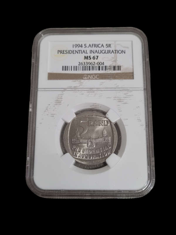 South Africa: 1994 Inauguration R5 NGC MS67, 2nd highest grade