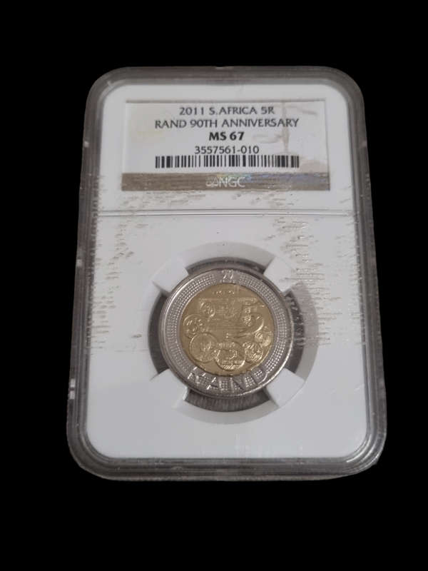 South Africa: 2011 R5, Rand 90th Anniversary, NGC MS67, only 2 coins graded higher at NGC