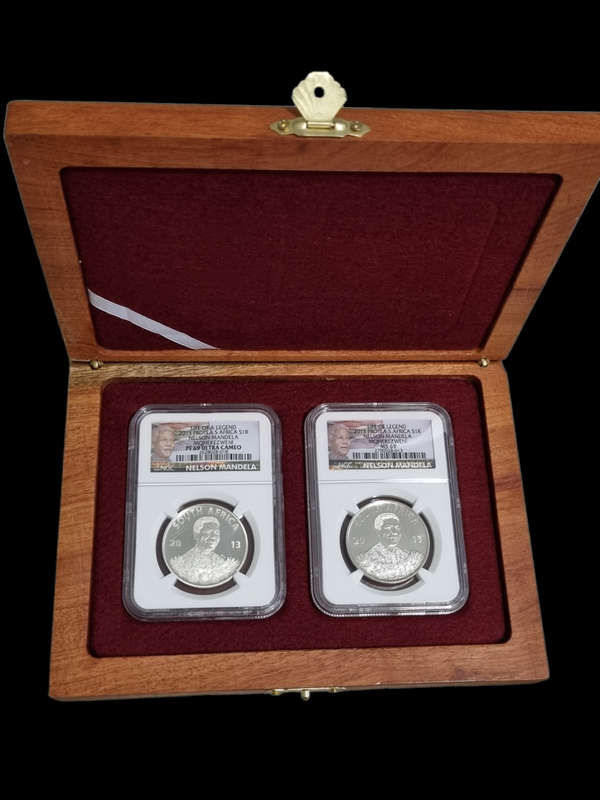 South Africa: 2013 Mandela, Life of a Legend SR1 Twin Set in Display Box. NGC Graded Ms69 & PF69