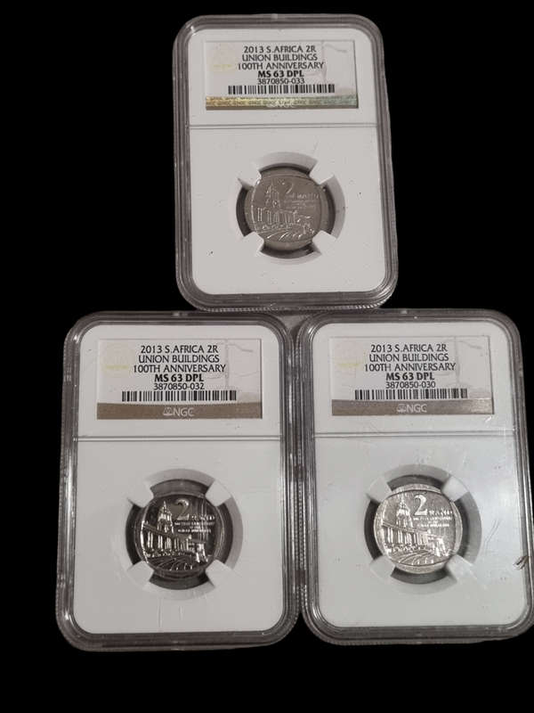 South Africa: 2013 Union Buildings R2 MS63DPL, 3 coin lot one bid to take the lot.
