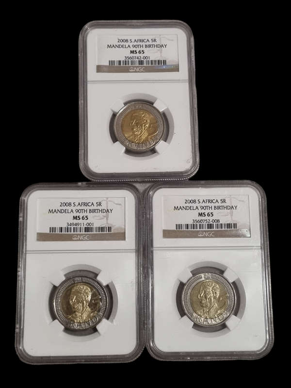 South Africa: 2008 Mandela 90th Birthday R5, NGC Ms65 3 coin lot. 1 bid takes the lot