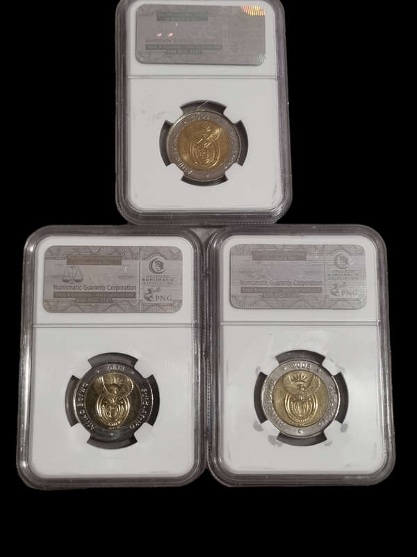 South Africa: 2008 Mandela 90th Birthday R5, NGC Ms65 3 coin lot. 1 bid takes the lot