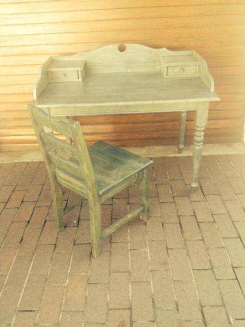 PINE STAINED BLUE MATCHING DESK AND CHAIR