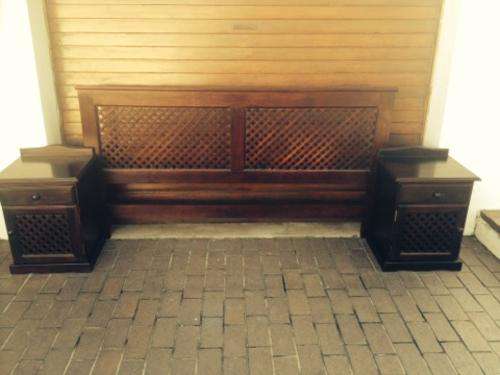 KING SIZE PINE STAINED HEADBOARD & 2 MATCHING PEDESTALS