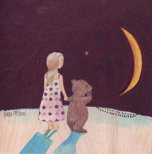 Original painting acrylic, watercolor and ink young girl pink printed dress teddy shooting star moon