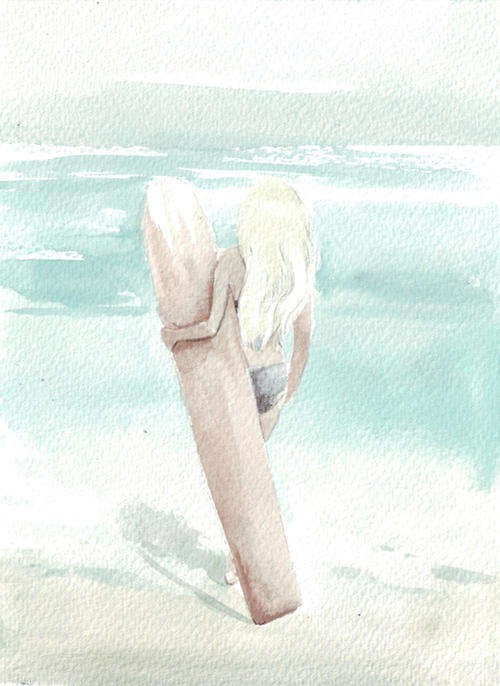 Original watercolor surf surfer girl surfboard art ocean nautical beach sea