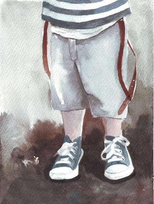 Original watercolor painting boy art leather suspenders stripe shirt white pants