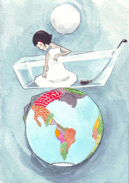 Original watercolor painting girl travel world wander lust moon art