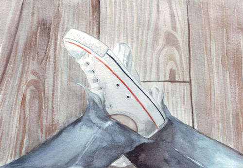 Original watercolor painting Converse All Star shoes floor boards wood art