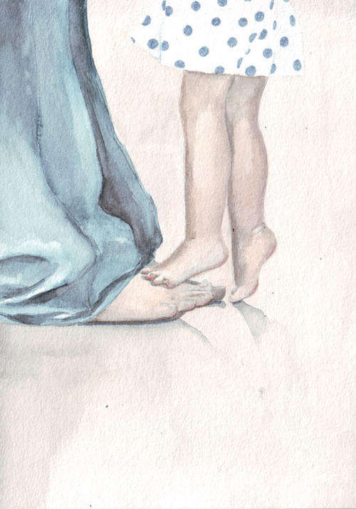Original watercolor painting father daughter dad girl dancing art