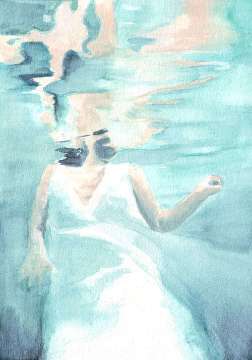 Original watercolor painting bride floating in water white dress art
