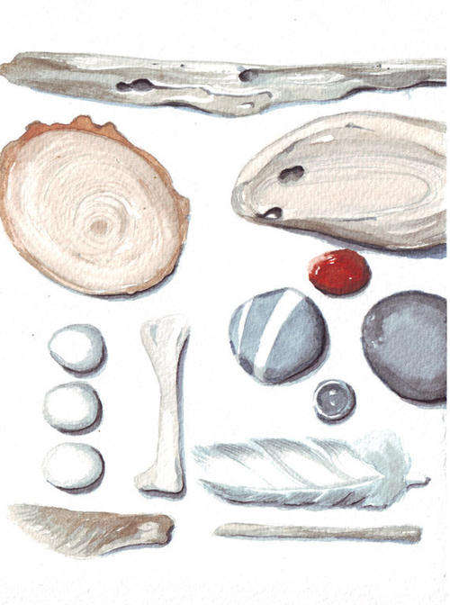 Original watercolor painting natural collection pebbles feather seed wood bones brick art