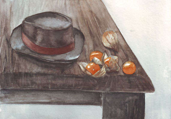 Original watercolor art of still life gentlemen's hat with gooseberries Painting