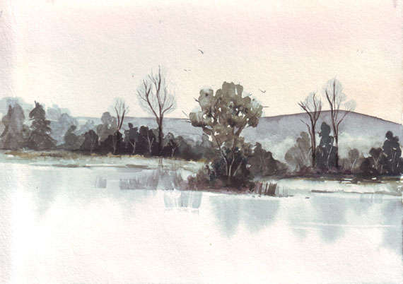 Original watercolor painting waterscape lake with trees reflections art