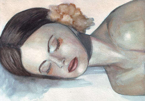 Original watercolor portrait art Sleeping Woman with Yellow Flower painting