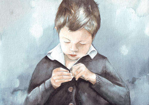 Original watercolor painting Little Boy in grey jersey art