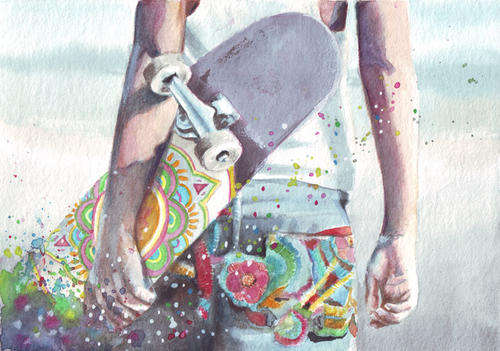 HM045 Original watercolor art painting Bright Summer Skateboard memories by Helga McLeod