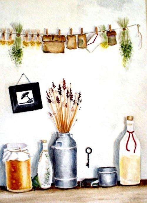 My Pantry - original painting of yummy food, seeds, a love letter and a key.