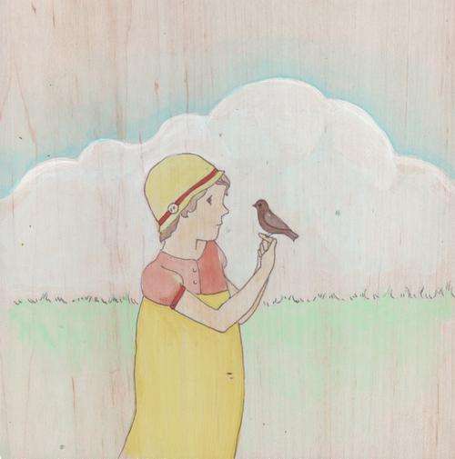 Original painting of one little bird and a girl in yellow summer's dress with hat