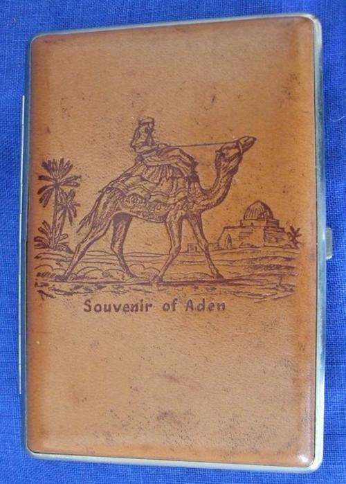 Rare vintage SOUVENIR OF ADEN large leather covered CIGAR case, good condition