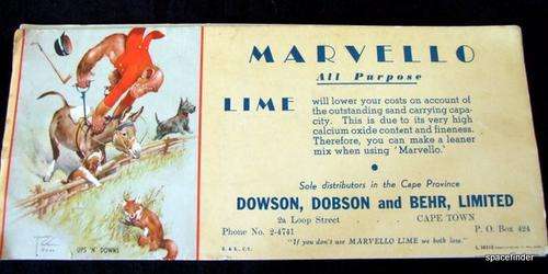Advertising blotting paper for MARVELLO LIME from Dowson, Dobson and Behr  Ltd., Loop St, Cape Town