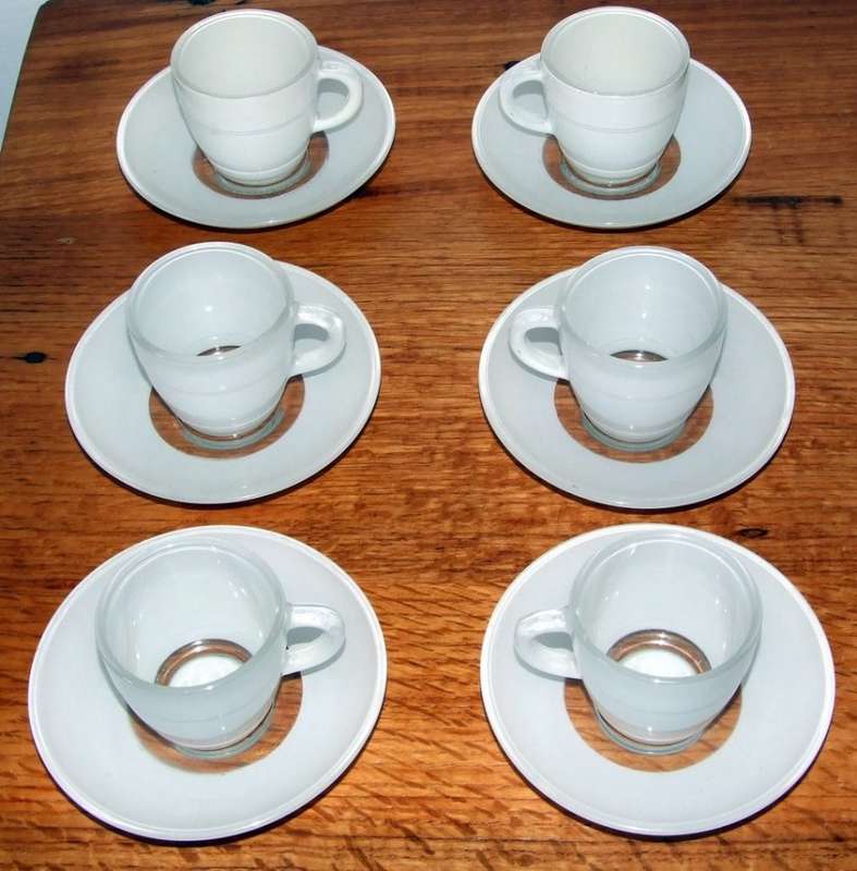 An elegant set of six vintage Mid-century French Duralex white glass demitasse coffee cups & saucers