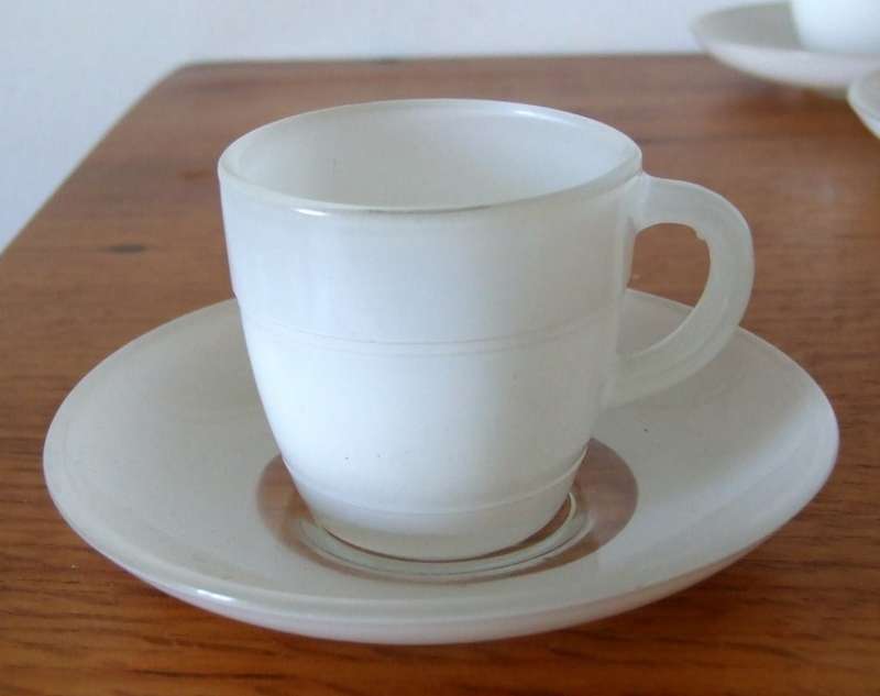 An elegant set of six vintage Mid-century French Duralex white glass demitasse coffee cups & saucers
