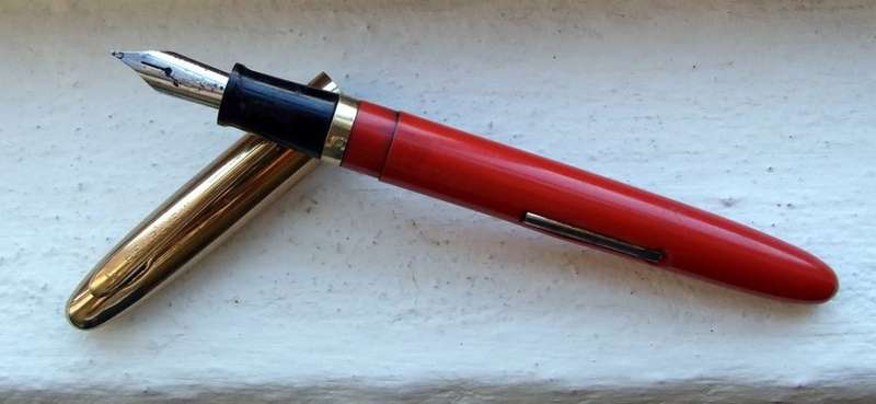 Vintage USA Wearever Fountain Pen, red with gold cap, engraved.