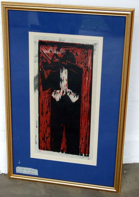 Alice Golding: signed wood block/silk screen "Violinist", number 3 of 5, excellent condition.