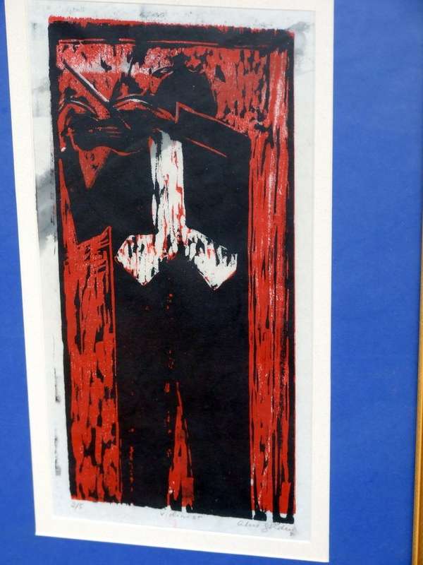 Alice Golding: signed wood block/silk screen "Violinist", number 3 of 5, excellent condition.