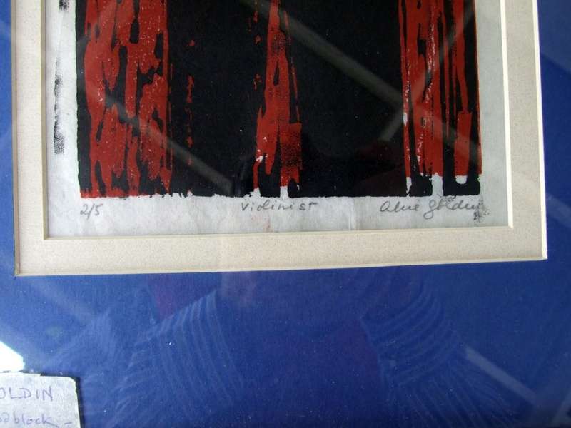 Alice Golding: signed wood block/silk screen "Violinist", number 3 of 5, excellent condition.