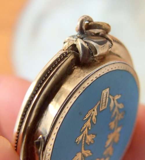 Beautiful Antique Mourning Pendant and Chain, Pinchbeck or gold and enamel, distressed.