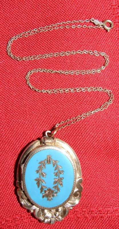 Beautiful Antique Mourning Pendant and Chain, Pinchbeck or gold and enamel, distressed.